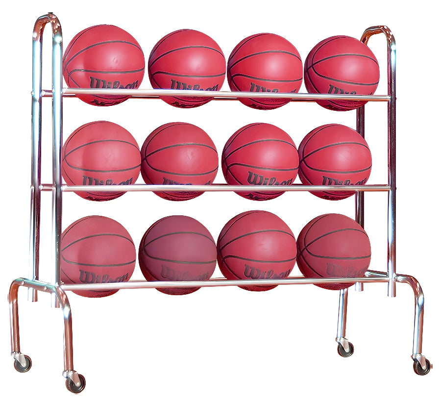 basketball balls in a steel ball carrier 