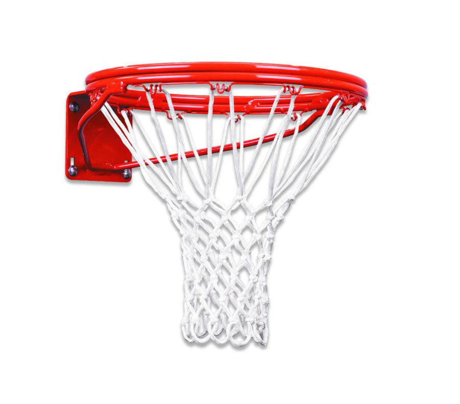 steel basketball rim with white braided nylon net 