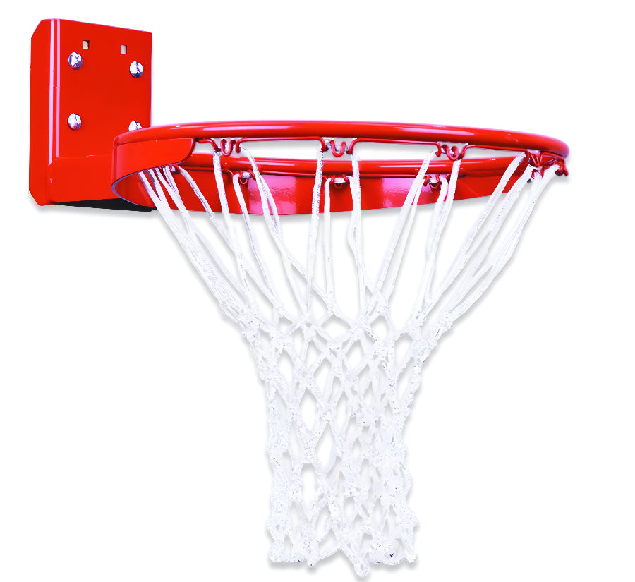 steel basketball rim with white braided nylon net 