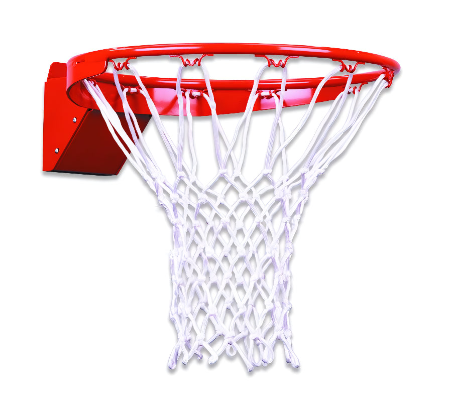 steel basketball rim with white braided nylon net 