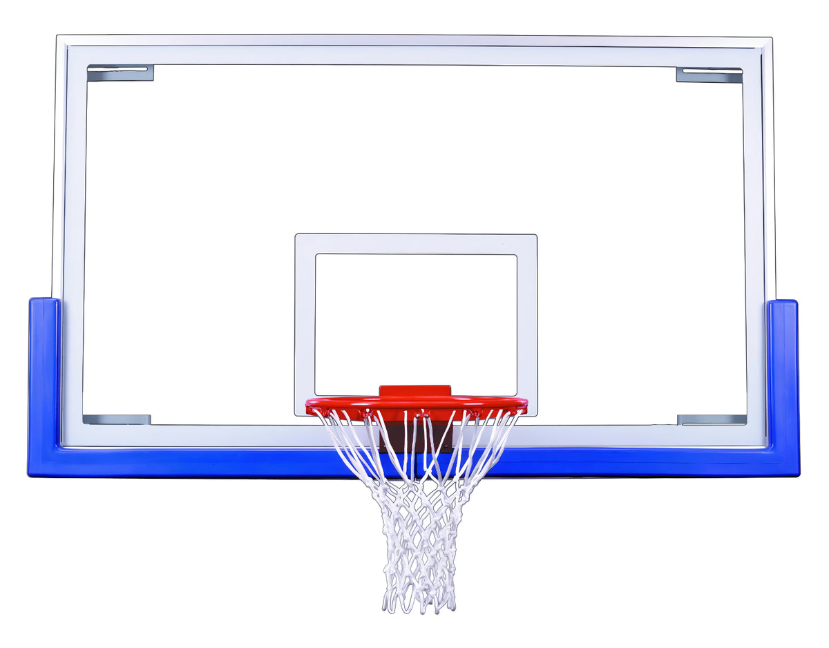 
clear tempered glass basketball backboard with blue backboard padding 
