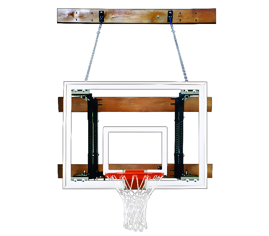 wall mount tempered glass backboard, safety chains, and basketball goal