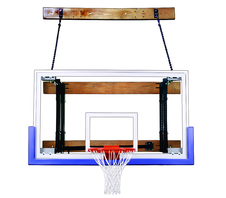 wall mount tempered glass backboard with blue padding and basketball goal