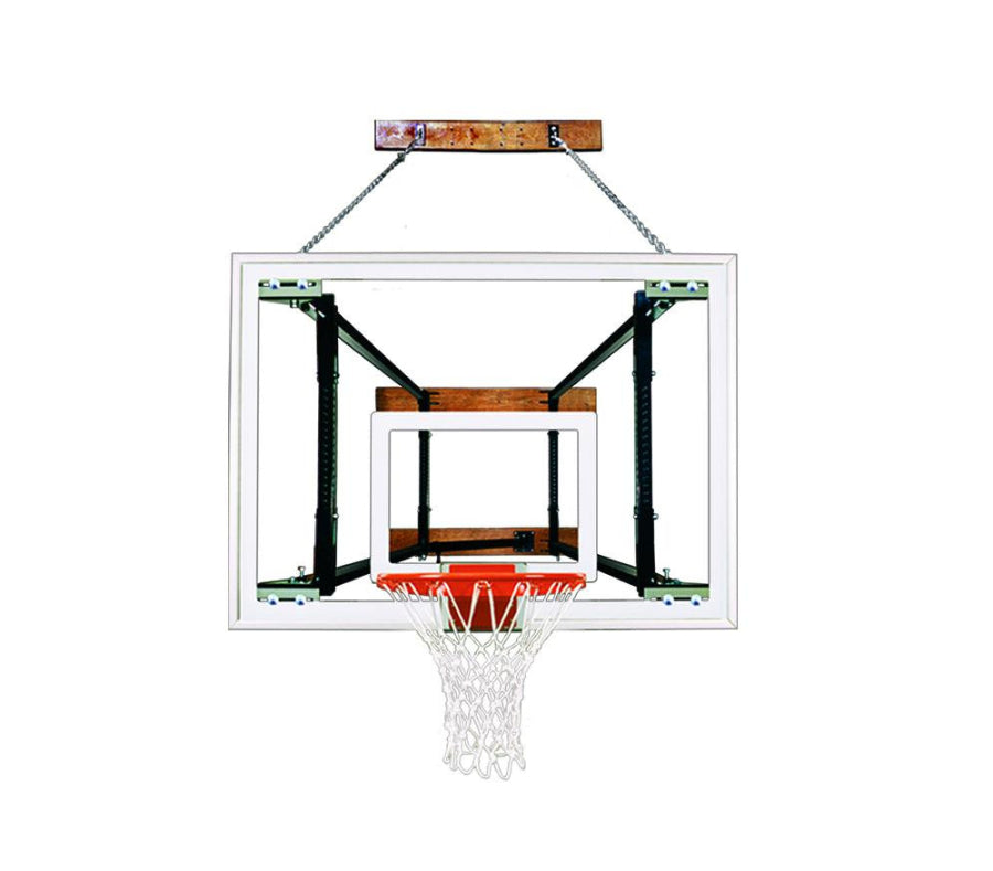 wall mount tempered glass backboard and safety chains and basketball goal