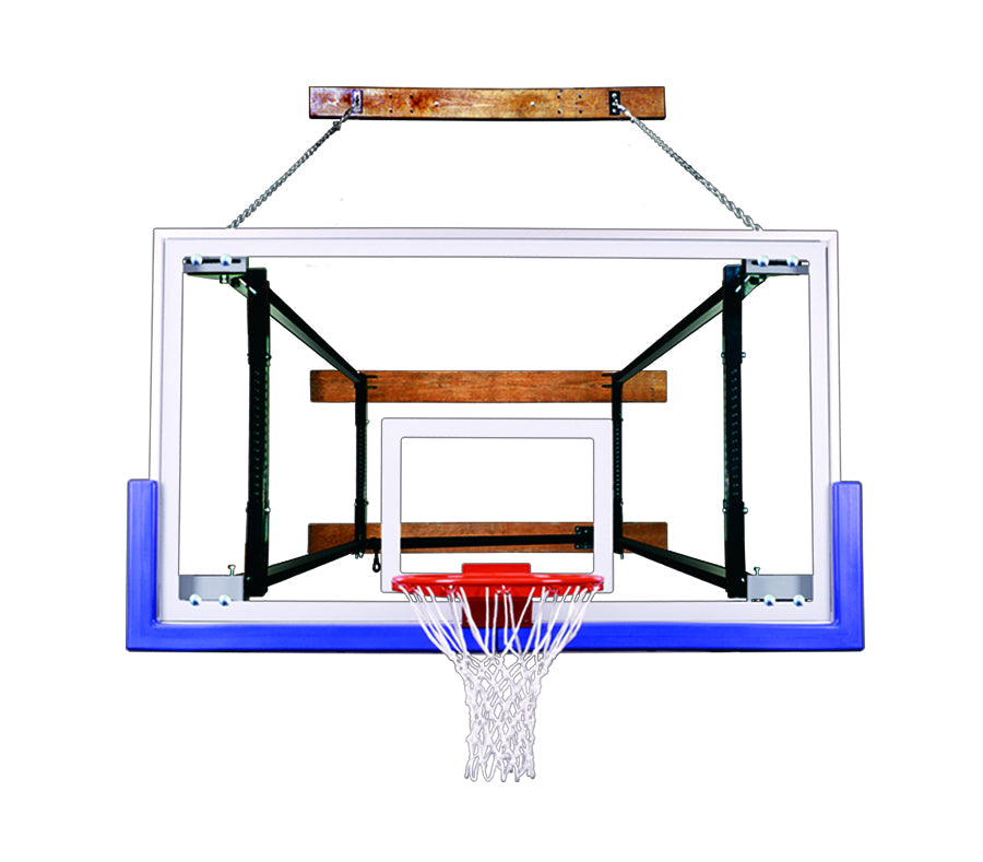 wall mounted tempered glass backboard with blue padding and basketball goal