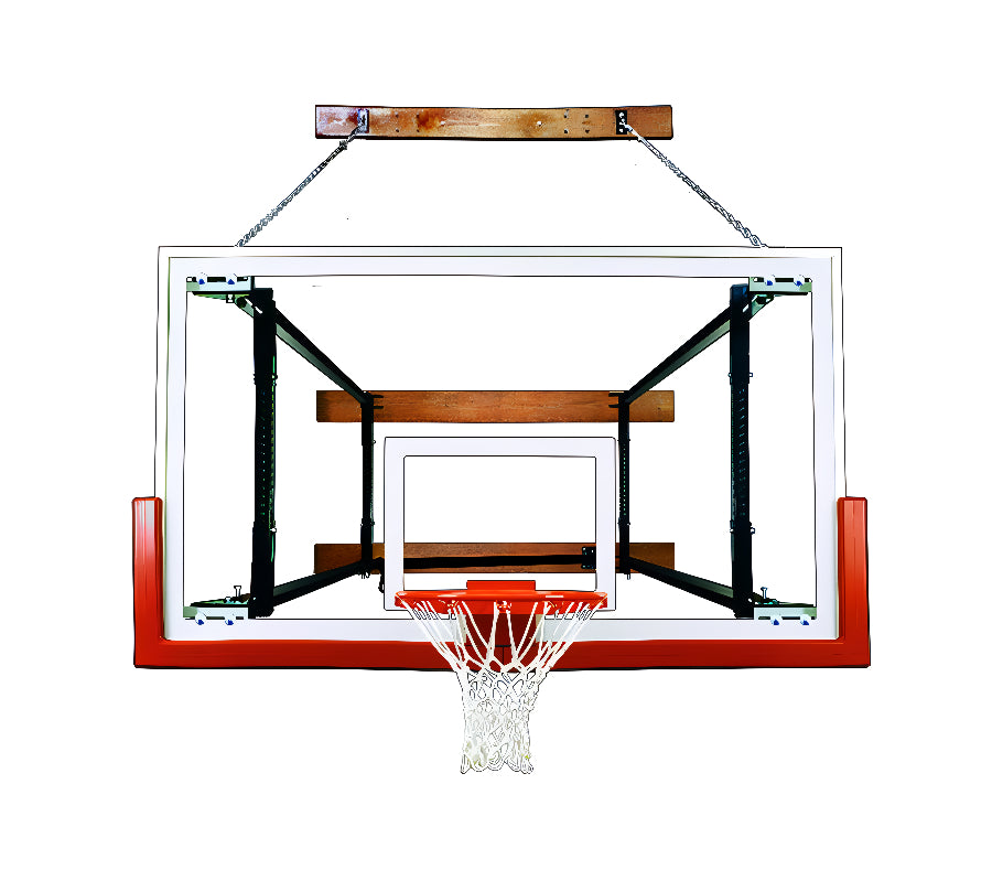 wall mounted tempered glass backboard with red padding and basketball goal