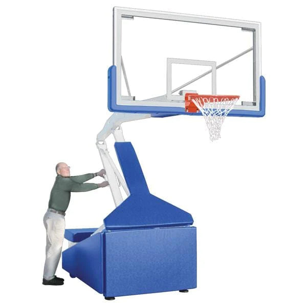 Lowered portable basketball goal with tempered glass backboard and blue safety padding 