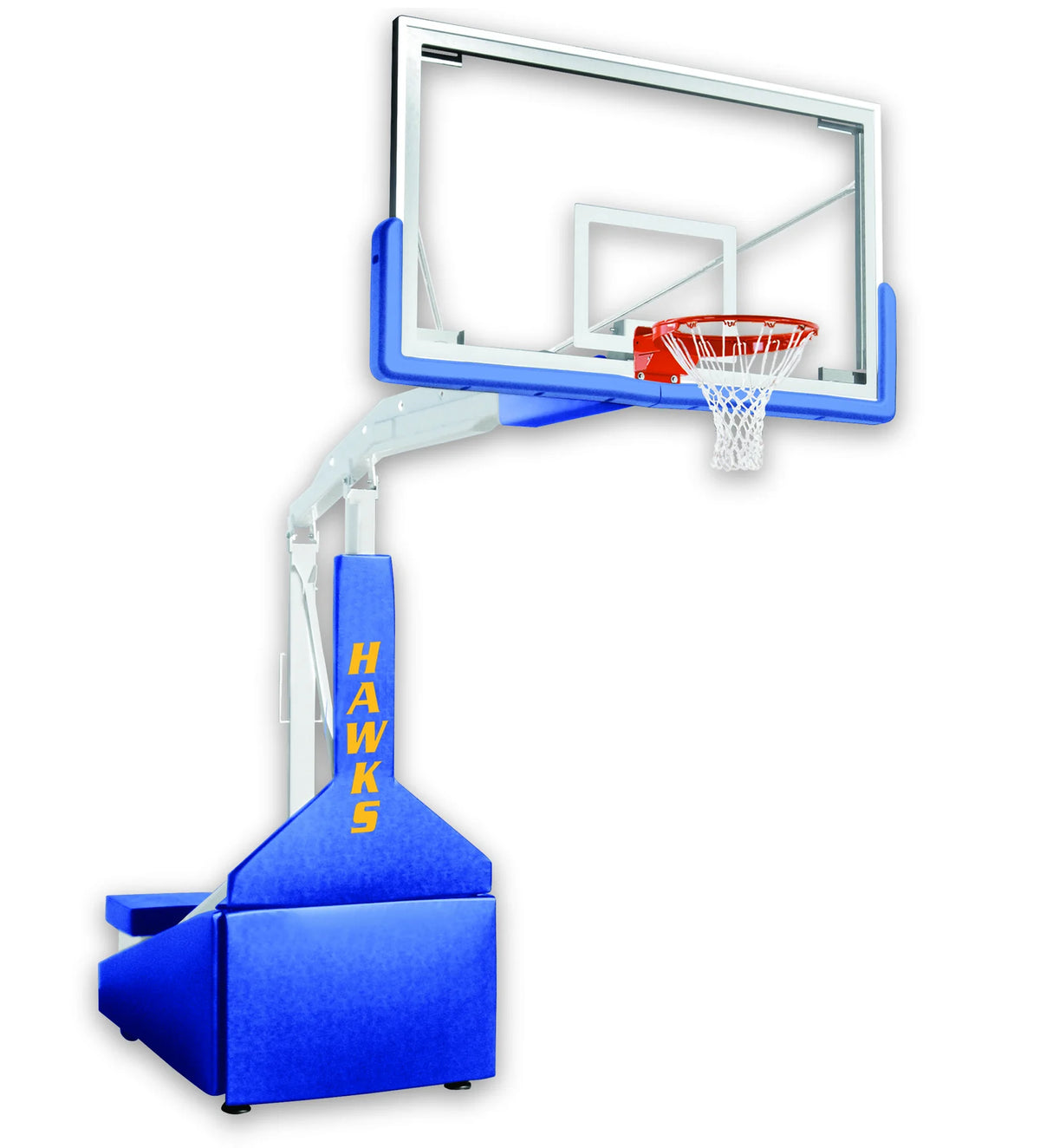 Portable basketball goal with tempered glass backboard and blue backboard and safety padding 