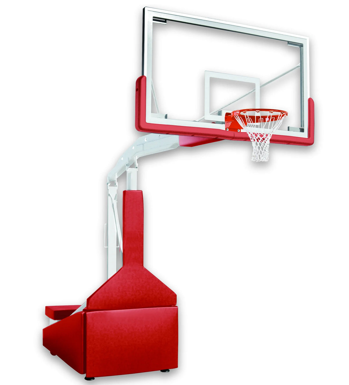 Portable basketball goal with tempered glass backboard with red backboard and base safety padding