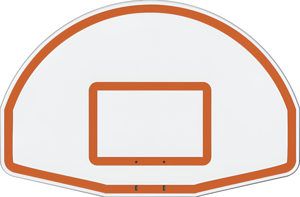 fan shaped basketball backboard with orange border and target square.