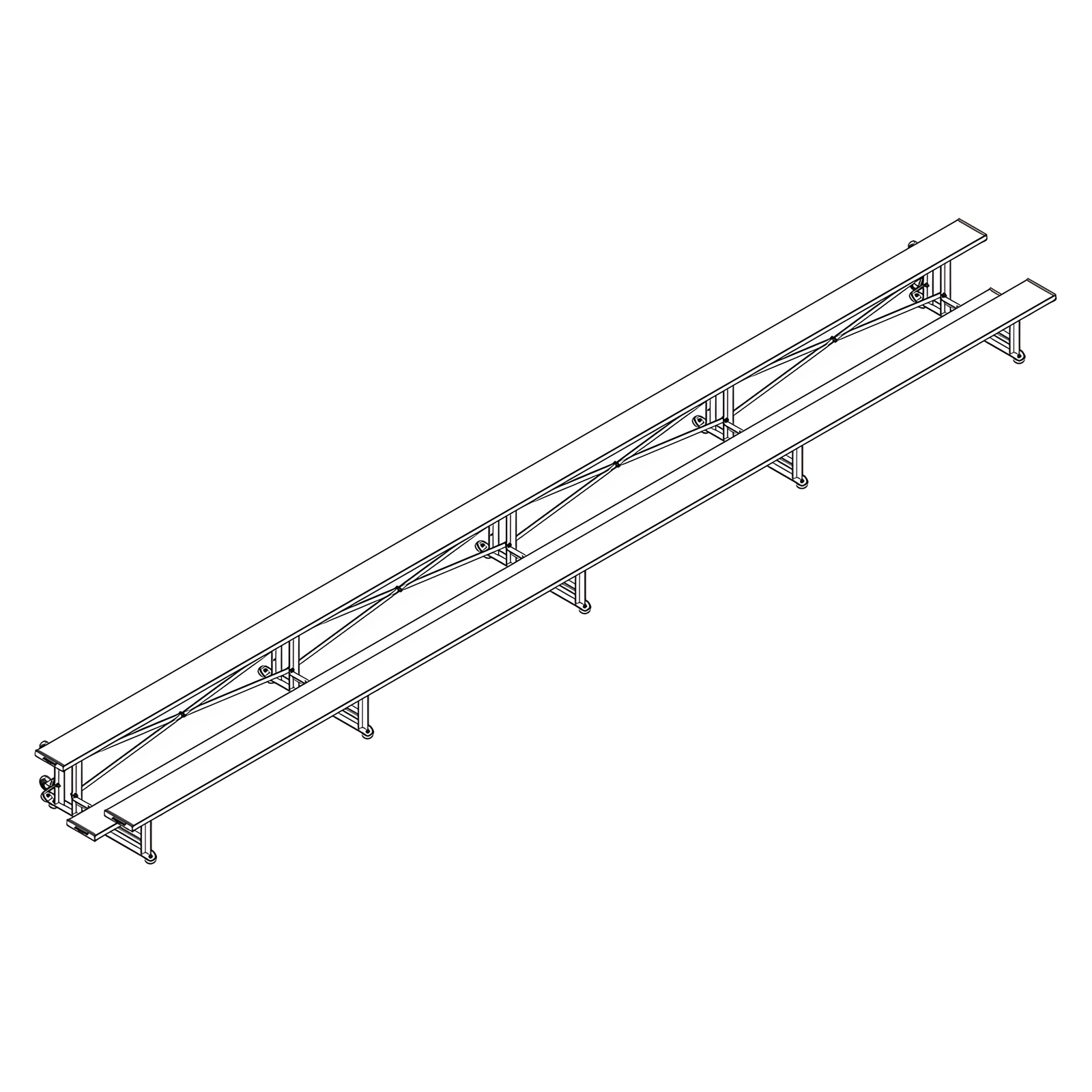 Isometric wireframe drawing of long indoor bleacher seats structure.