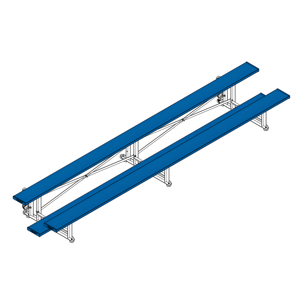 Isometric drawing of blue metal bleachers with two seating levels.