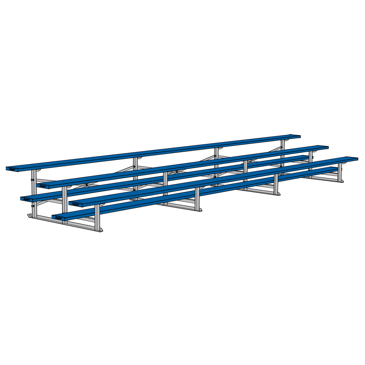 Isometric view of blue indoor bleacher seats with two rows.