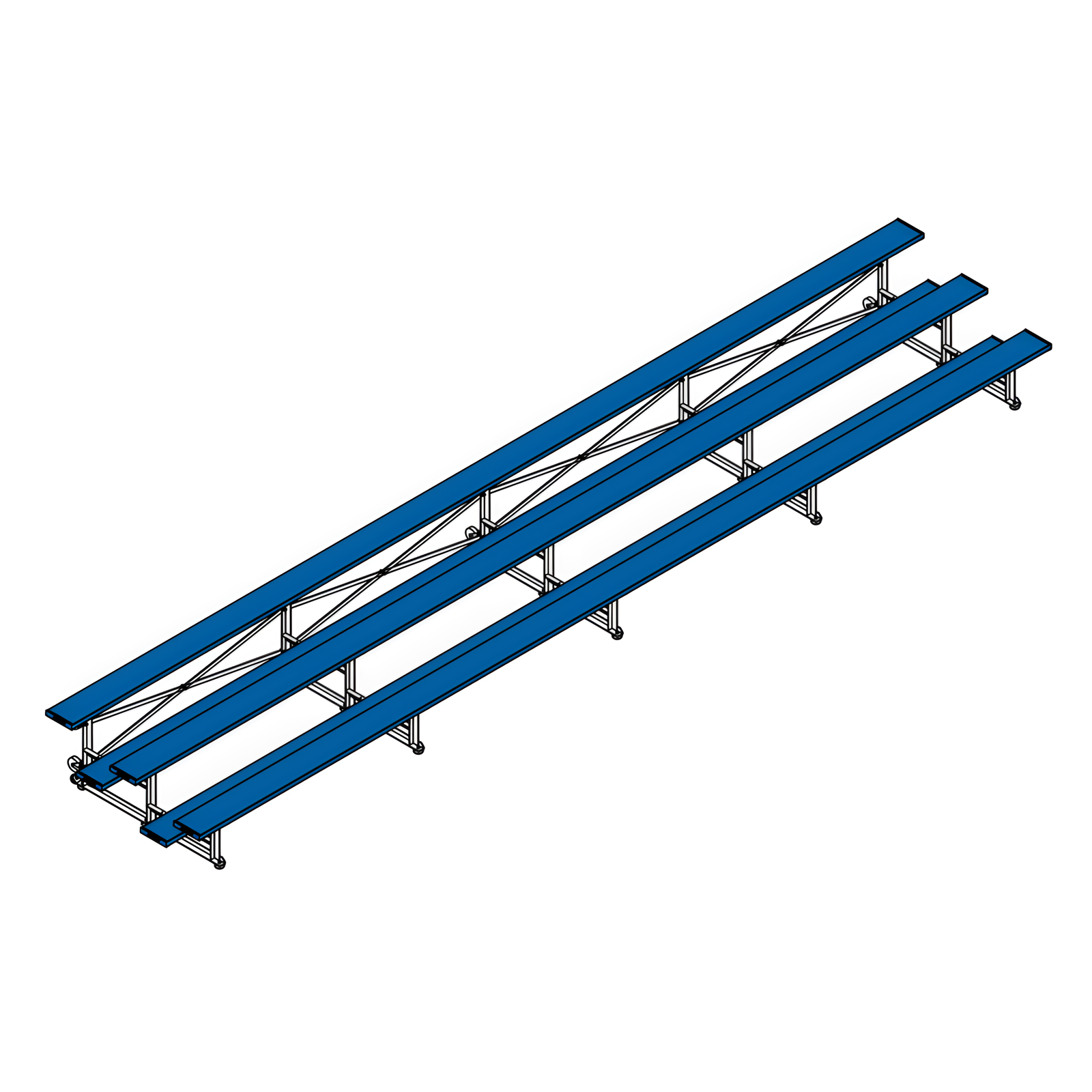 Isometric view of long indoor bleacher seats with blue planks.