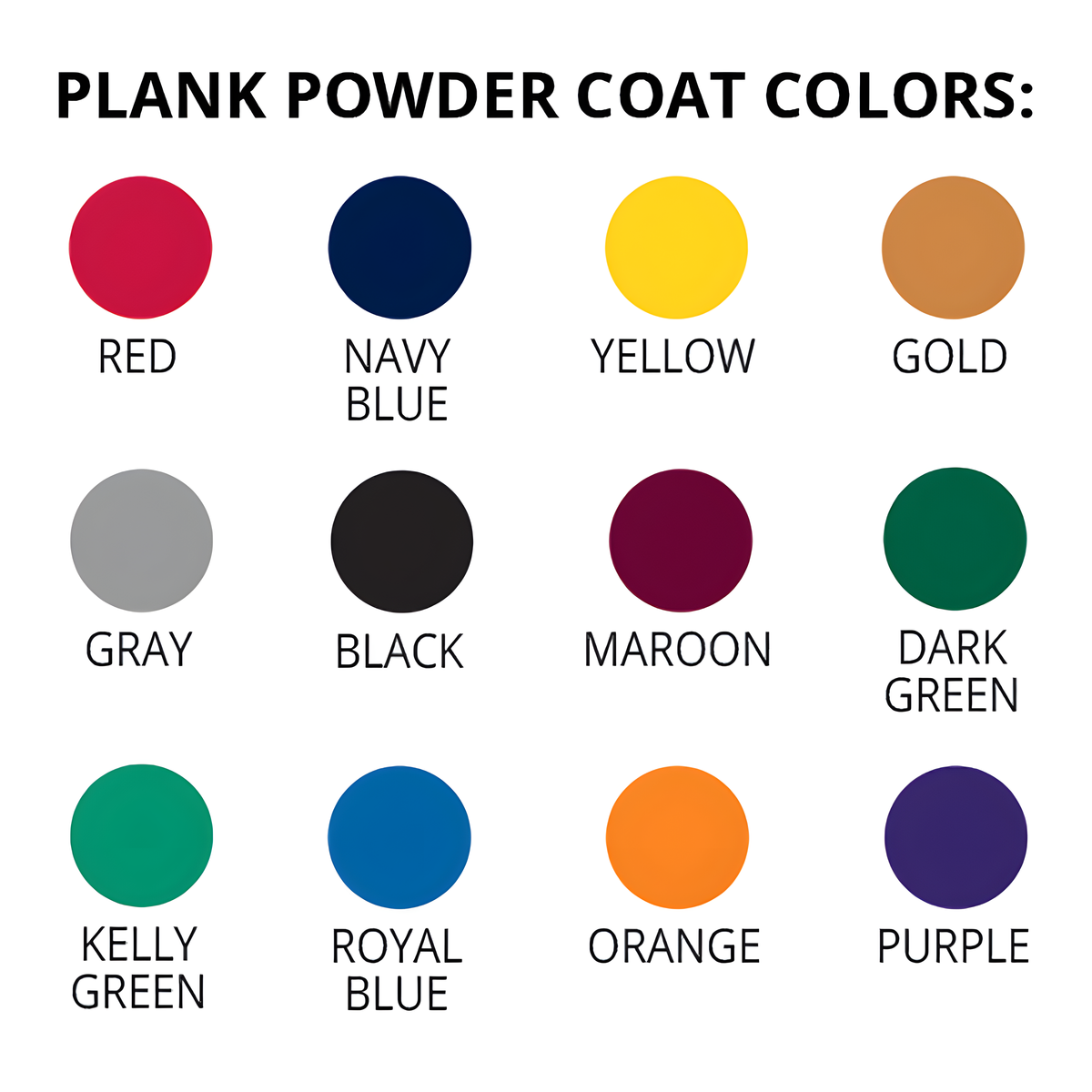 Color options for indoor bleacher seats&#39; plank powder coat finishes.