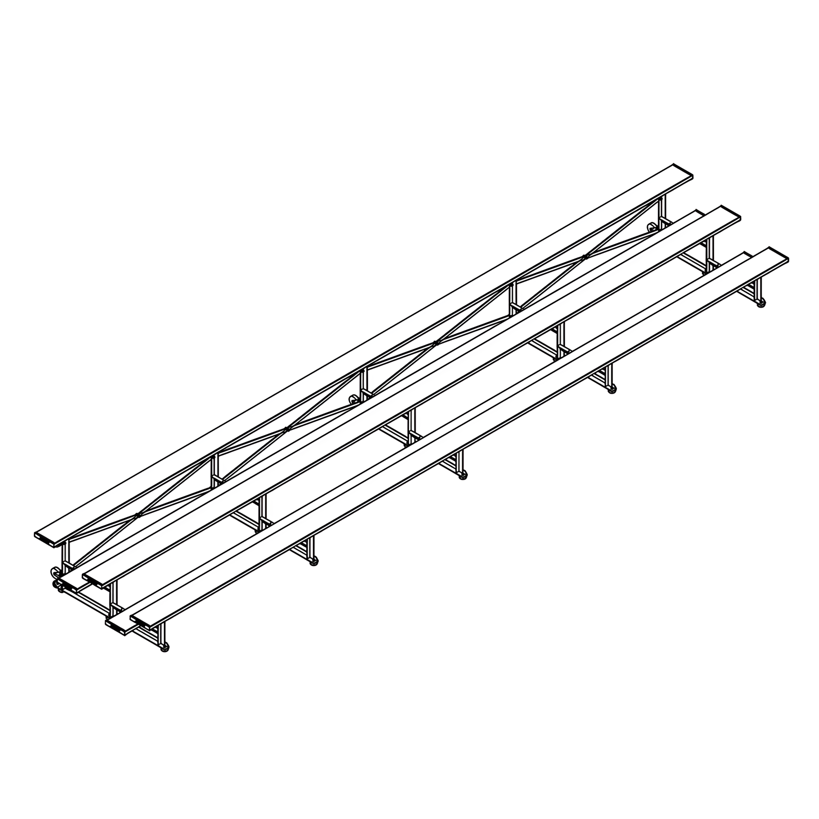 Isometric view of indoor bleacher seats with metal frame structure.