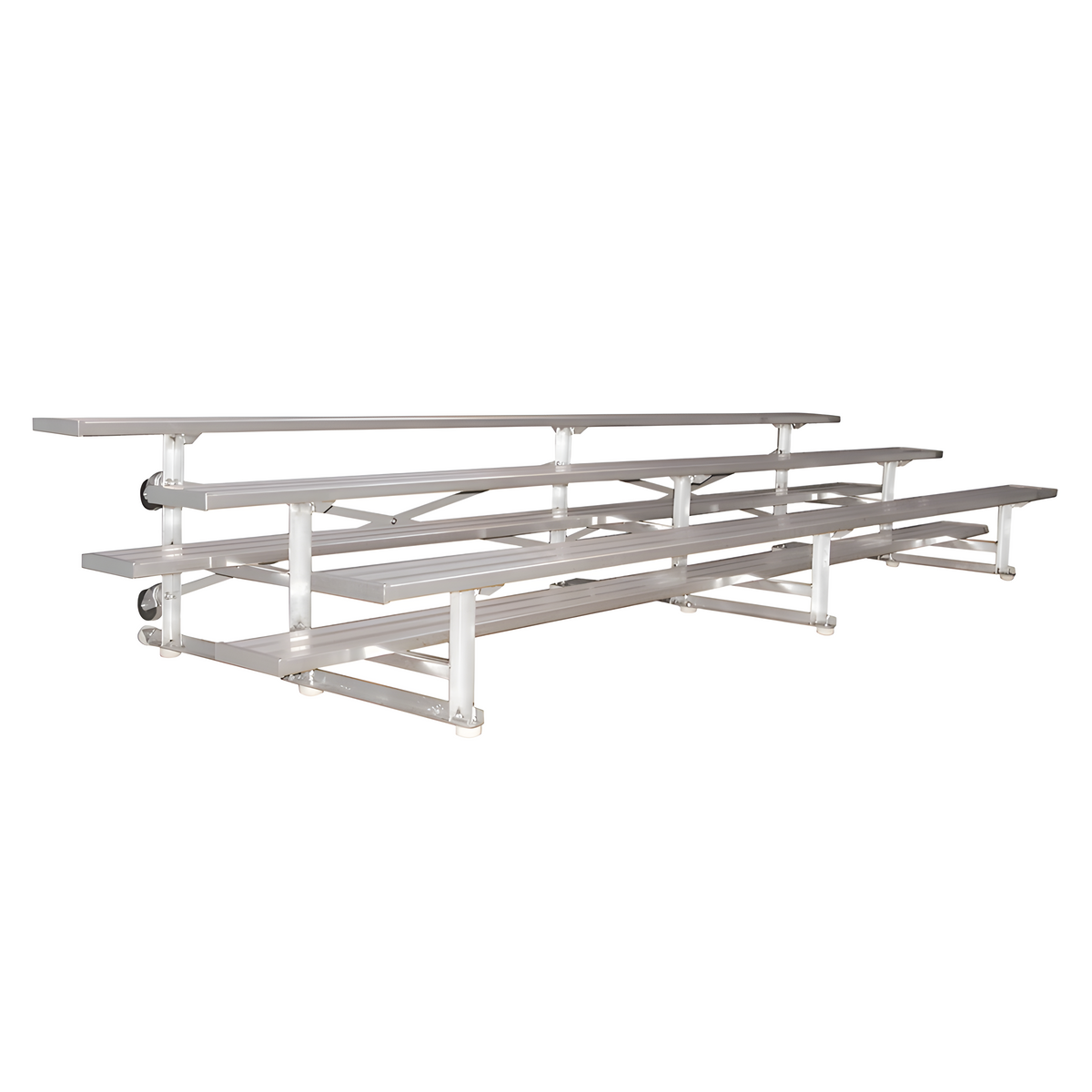 Silver aluminum bleachers with multiple rows on white background.