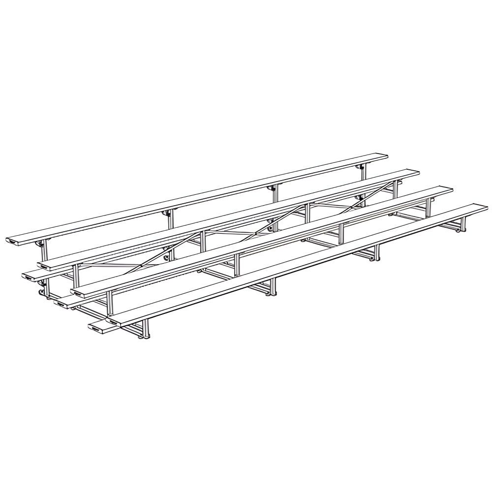 Isometric view of indoor bleacher seats with metal frame structure.