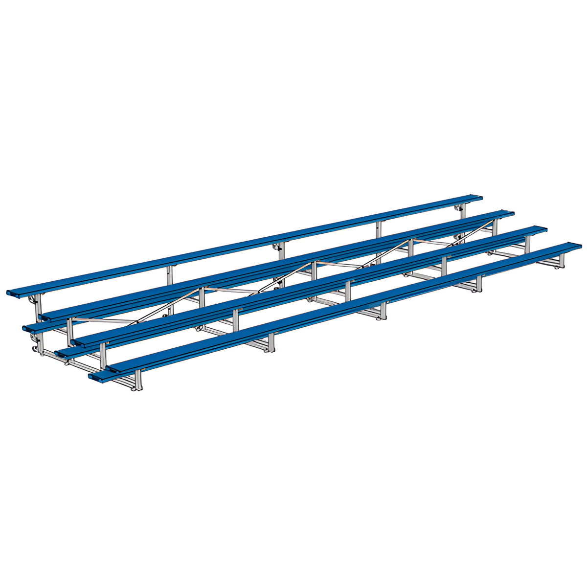 Isometric view of long indoor bleacher seats with blue planks.