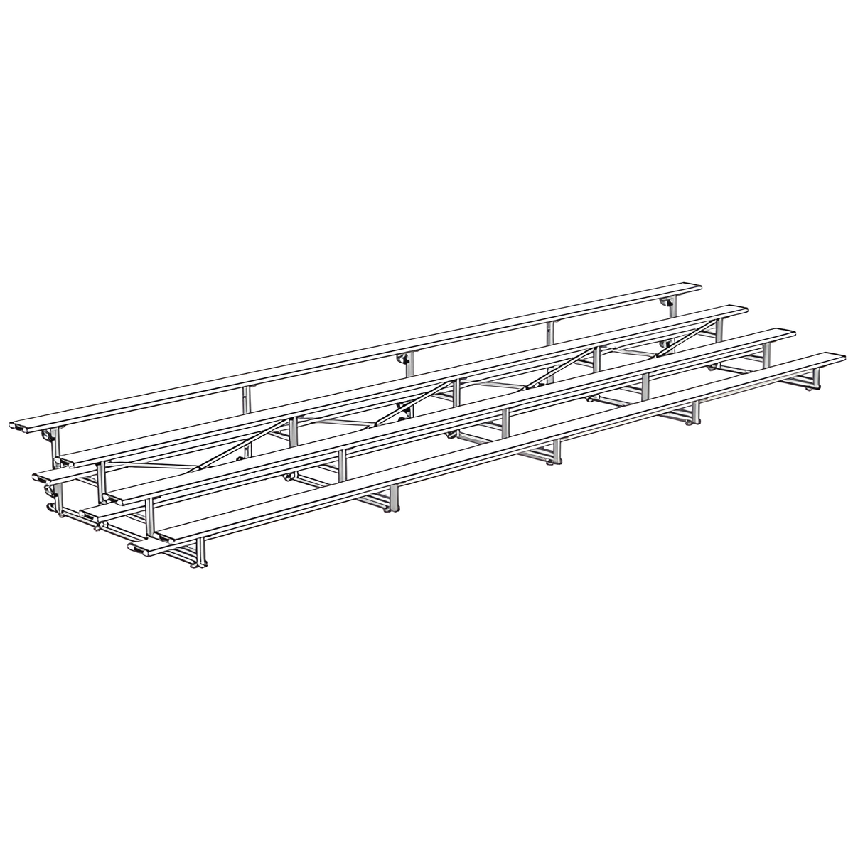 Isometric view of indoor bleacher seats with metal frame structure