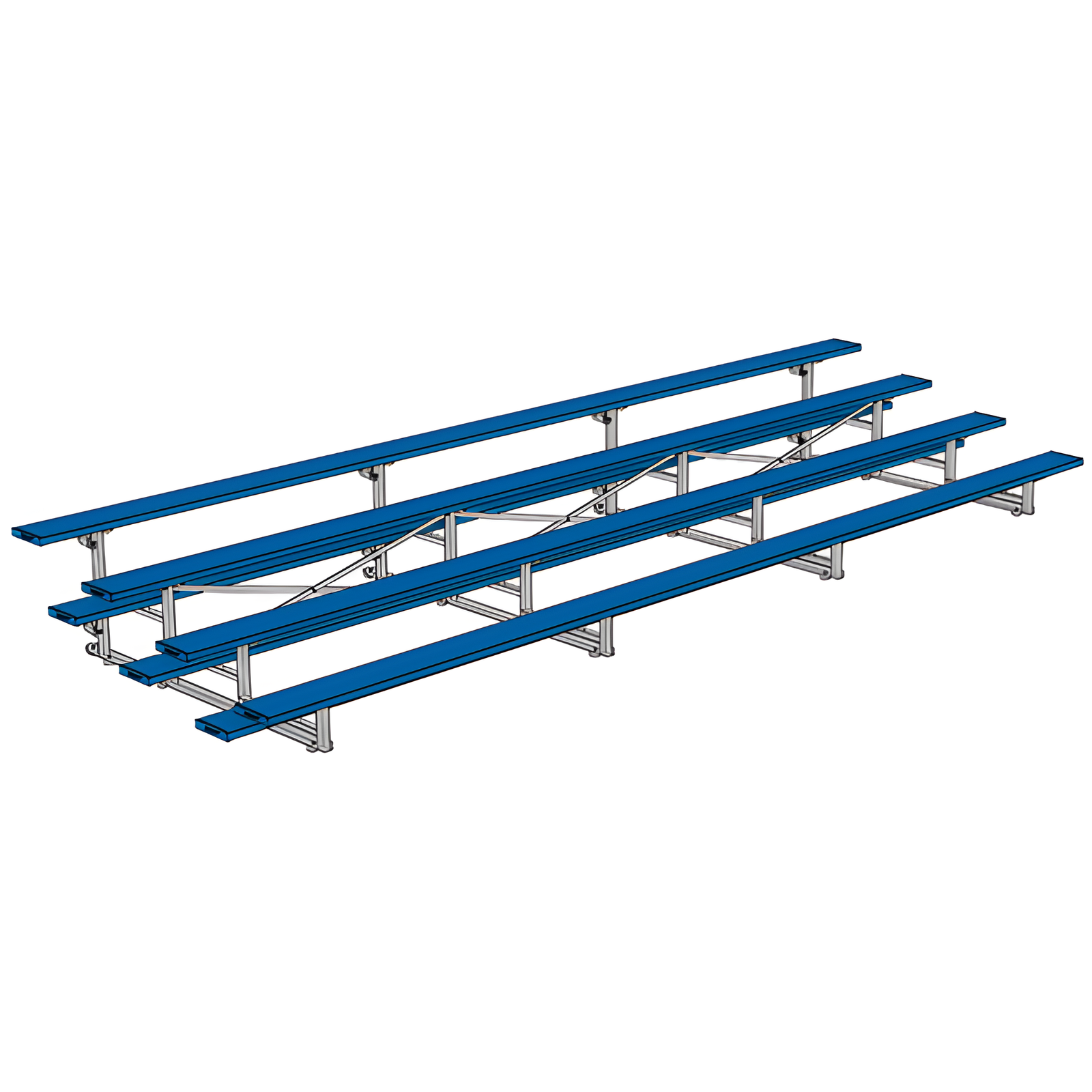 Isometric view of indoor bleacher seats with metal frame structure.