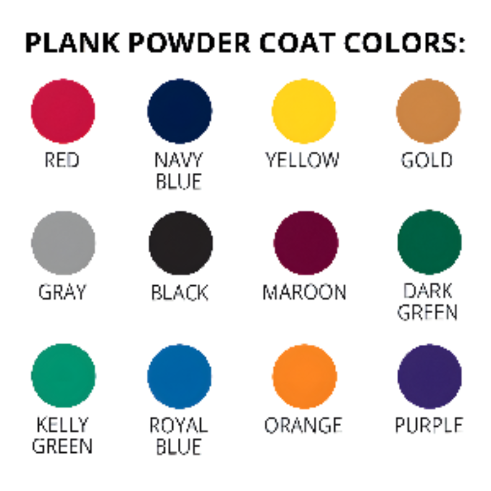 Color chart displaying twelve plank powder coat color options available.