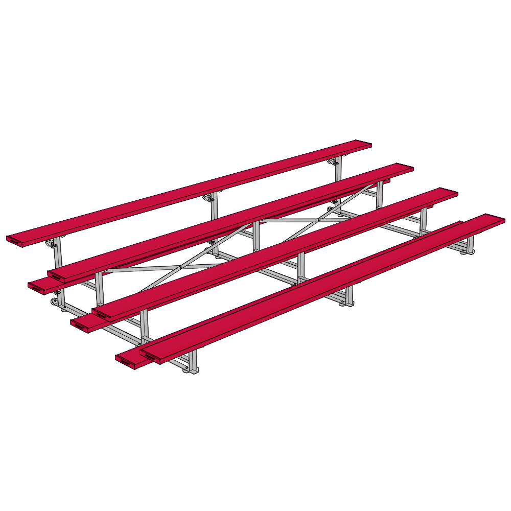 Red aluminum bleachers with multiple rows on white background.