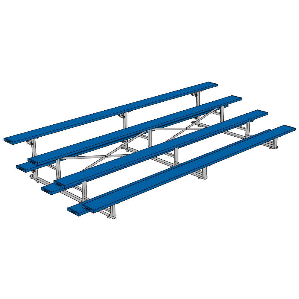 Blue metal bleachers on gymnasium wooden floor with gray walls.