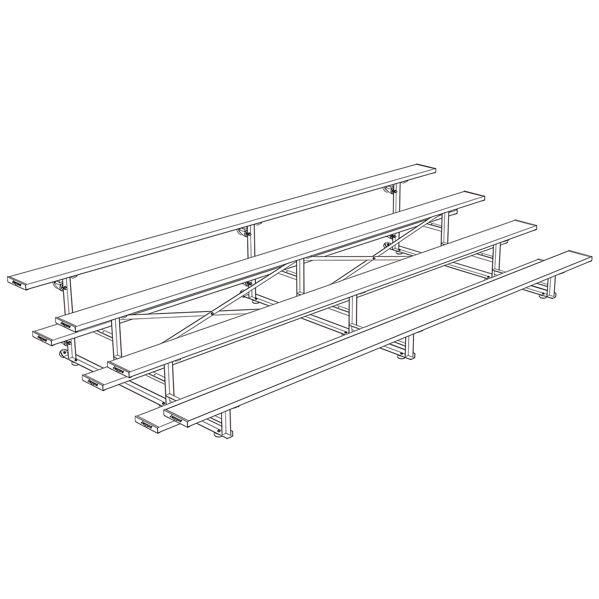 Black and white line drawing of metal bleachers with supports.