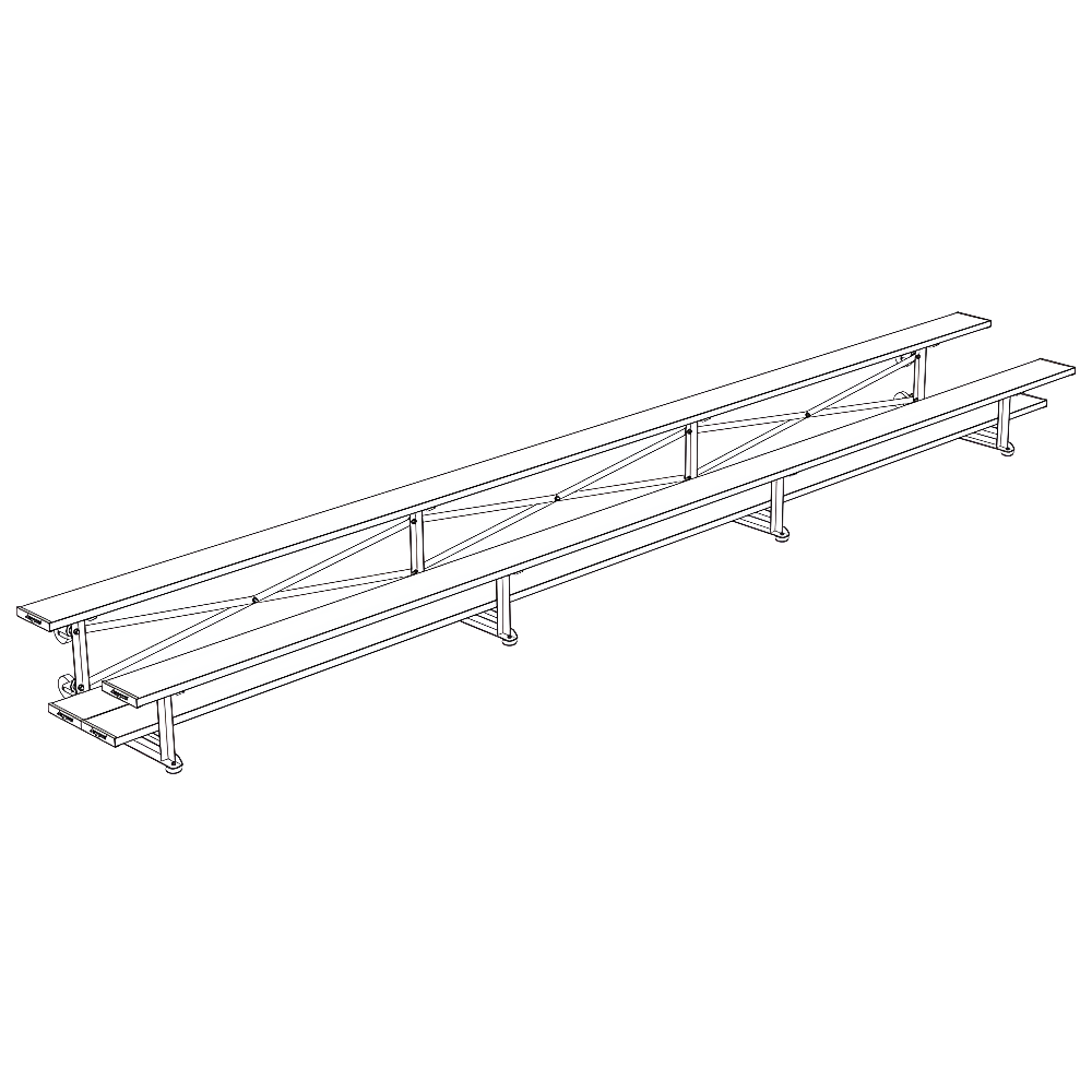 Technical line drawing of long metal bleachers with multiple rows.