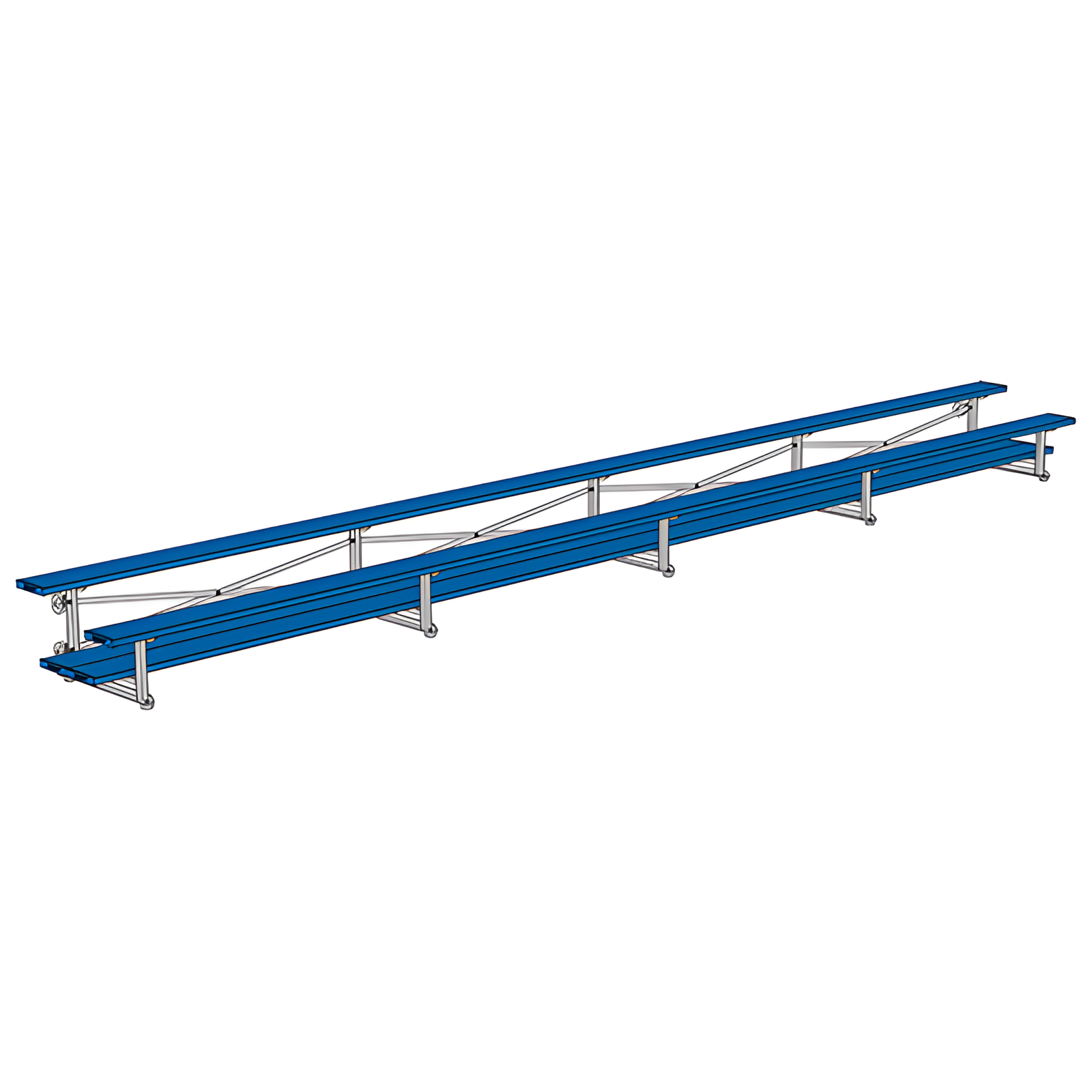 Isometric view of long indoor bleacher seats with blue planks.