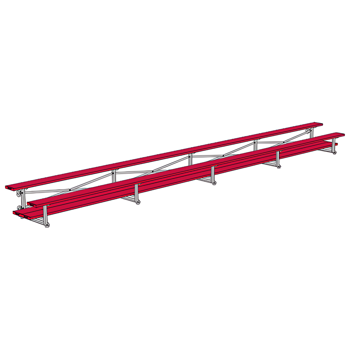 Isometric view of long indoor bleacher seats with red planks.