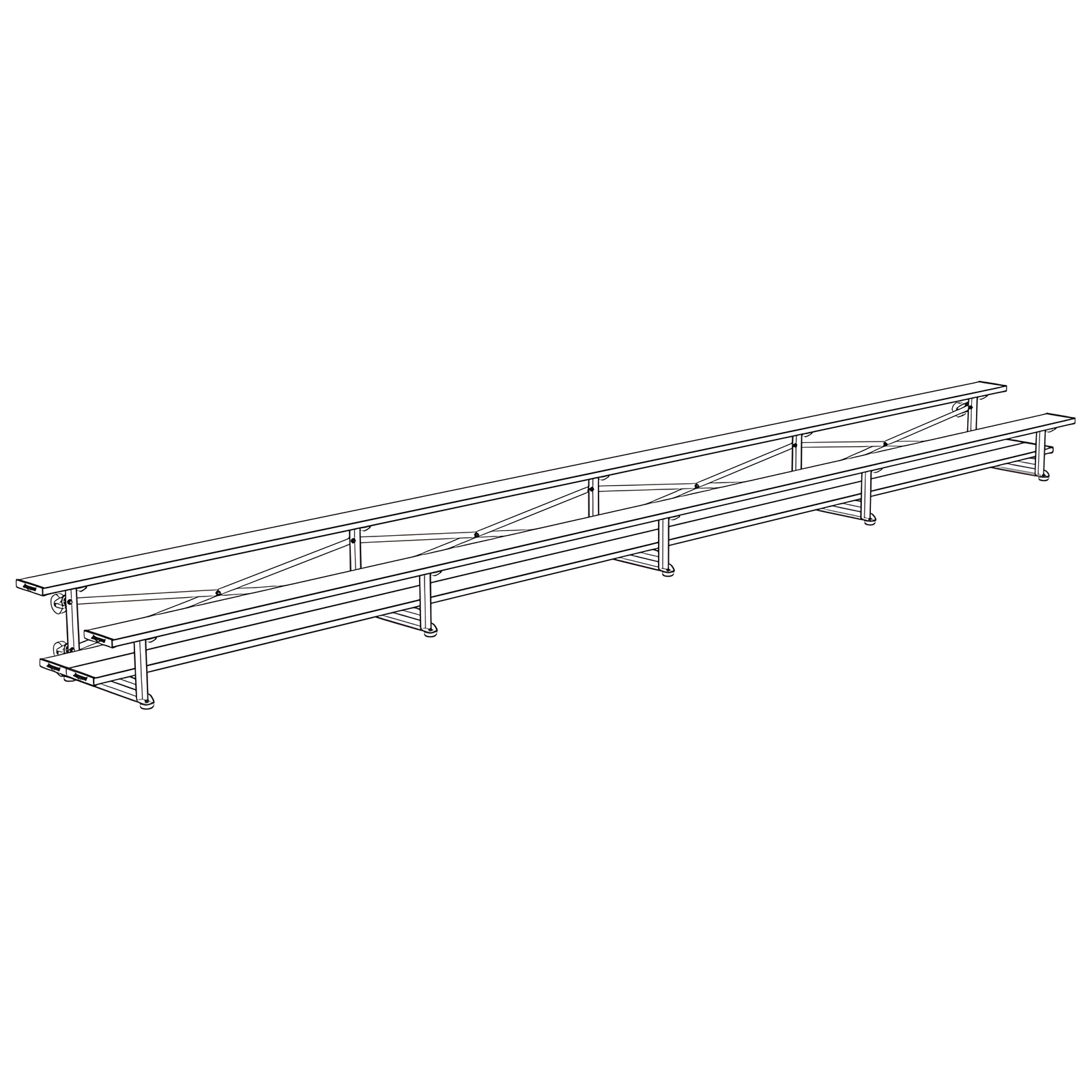 Isometric wireframe drawing of long indoor bleacher seats structure.