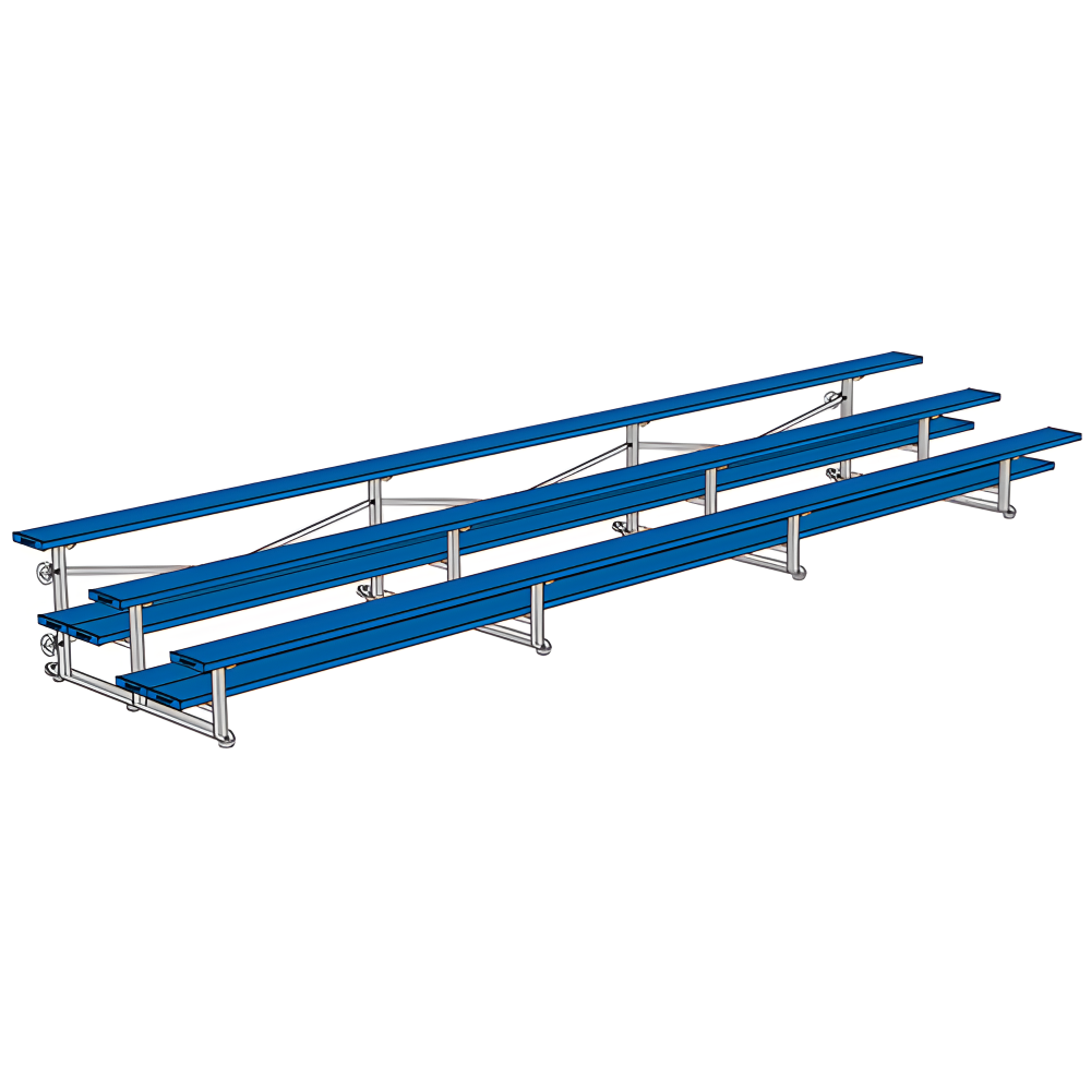 Isometric view of blue indoor bleacher seats with two rows.