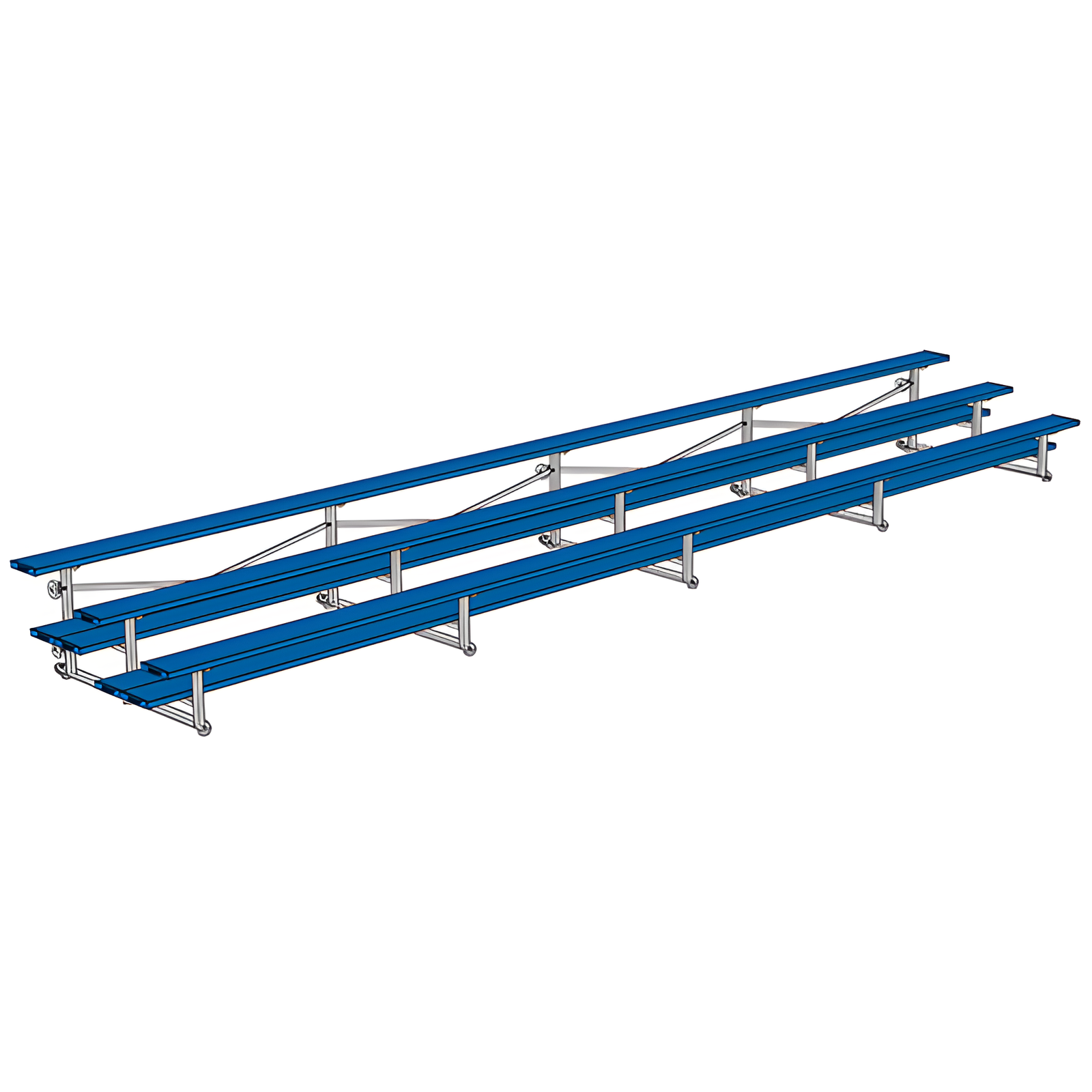 Isometric view of long indoor bleacher seats with blue planks.