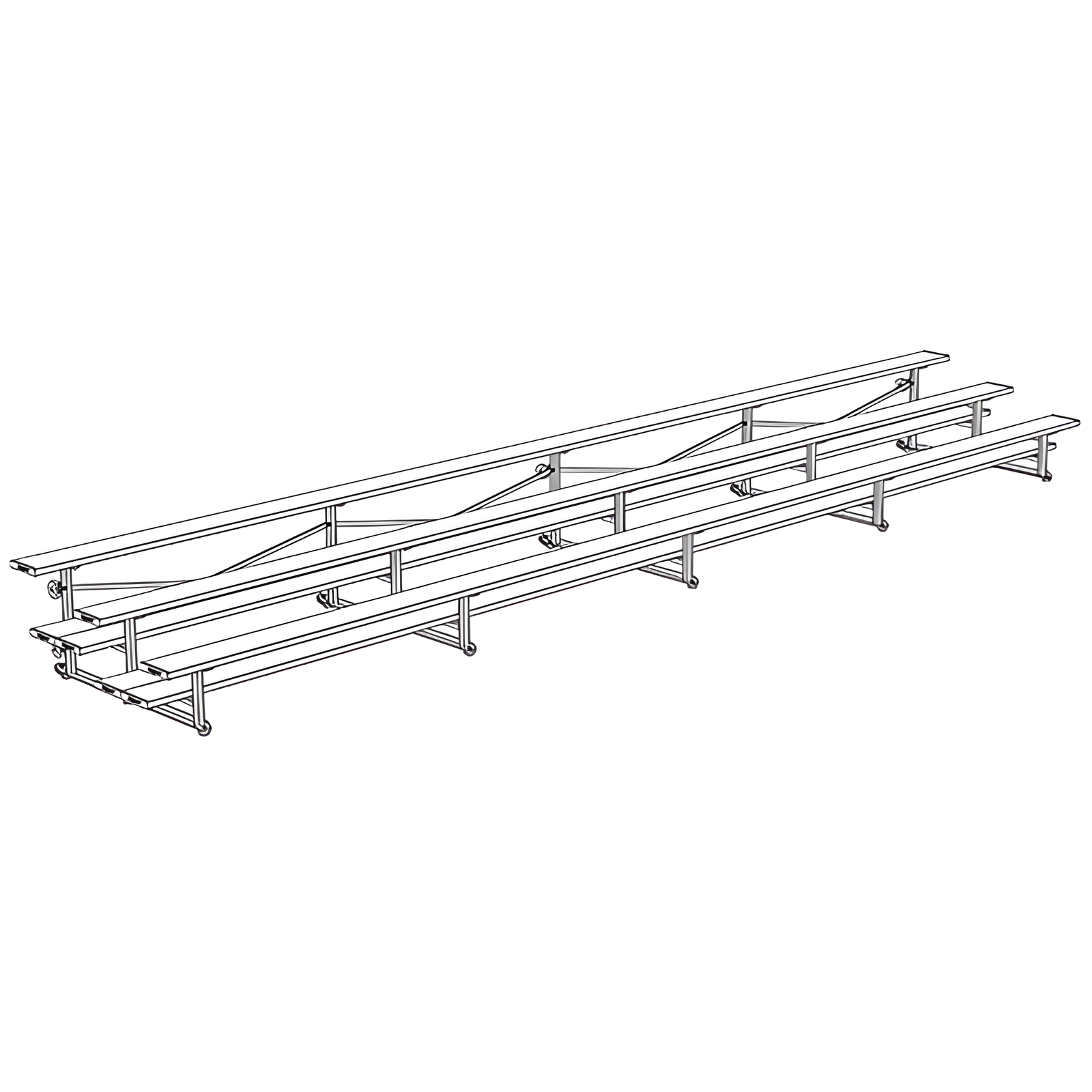 Isometric wireframe drawing of long indoor bleacher seats structure.