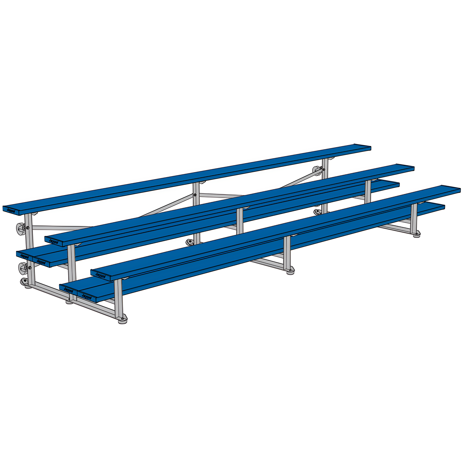 Isometric drawing of blue metal bleachers with two seating levels.