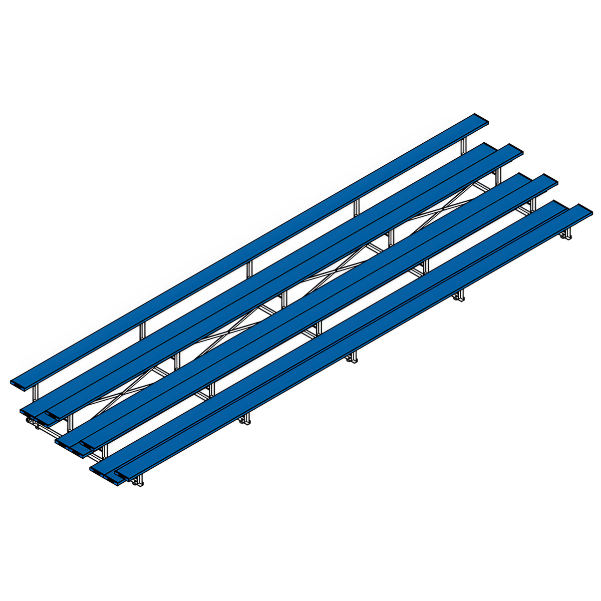 Isometric view of long indoor bleacher seats with blue planks.