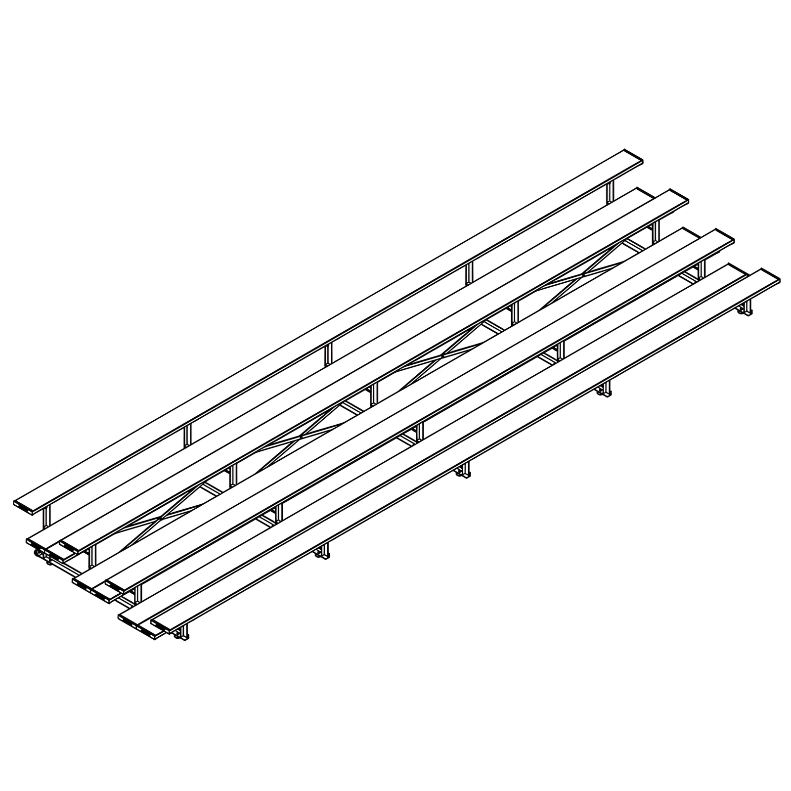 Isometric view of indoor bleacher seats with metal frame structure.