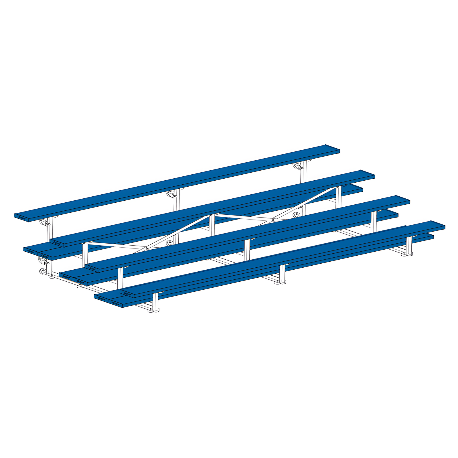 Blue metal bleachers with three rows on white background.