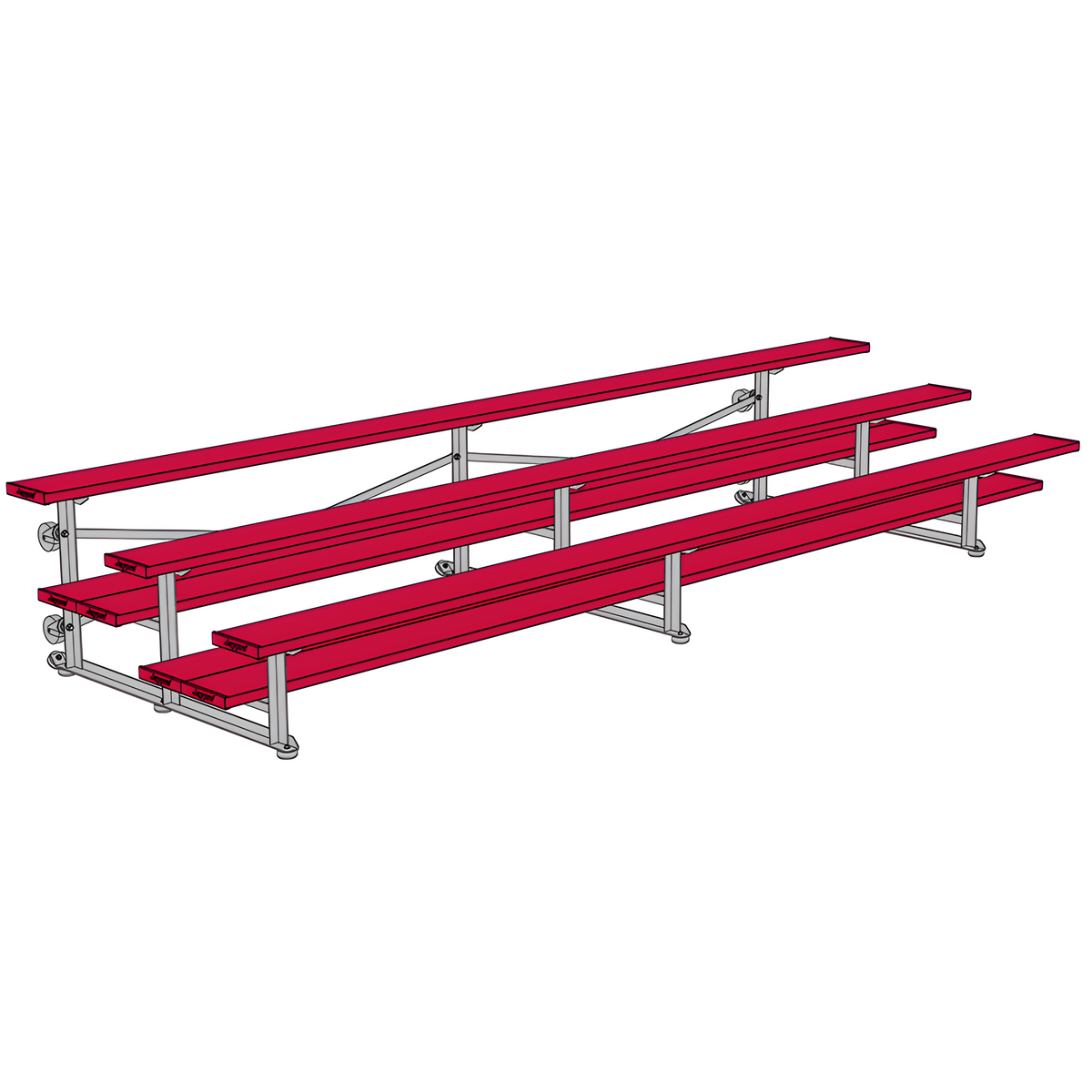 Isometric drawing of red metal bleachers with three seating levels.