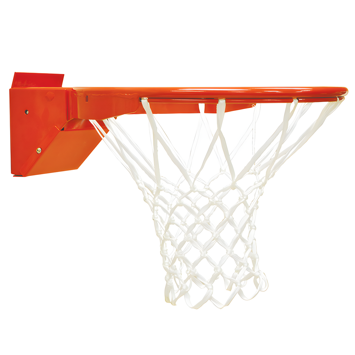 Close-up of mounted orange basketball hoop with white nylon net.