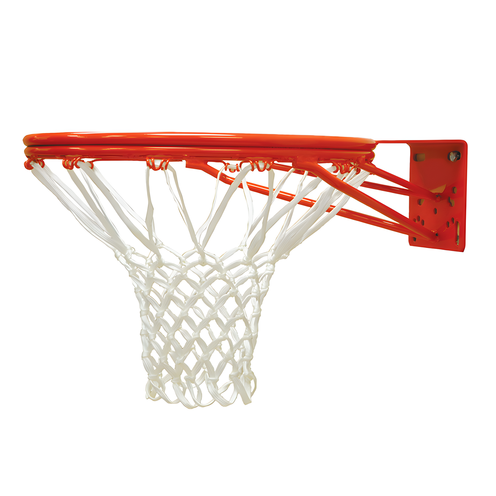 Close-up of mounted orange basketball hoop with white nylon net.