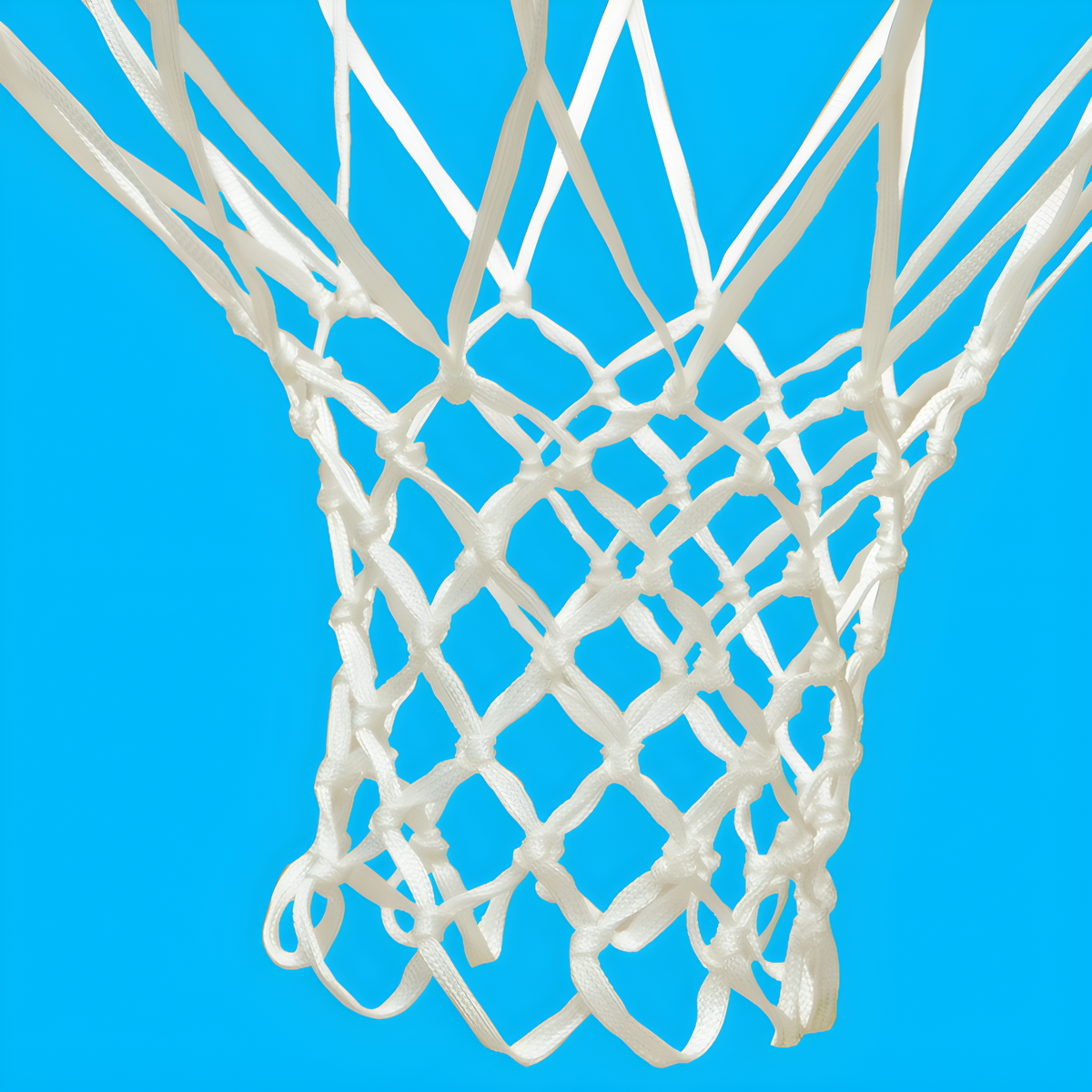 White basketball net hanging against bright blue background, close-up view.