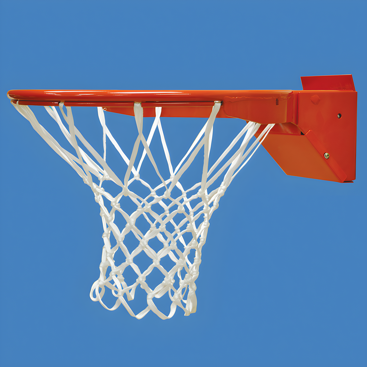 Orange basketball hoop with white net mounted on blue background.