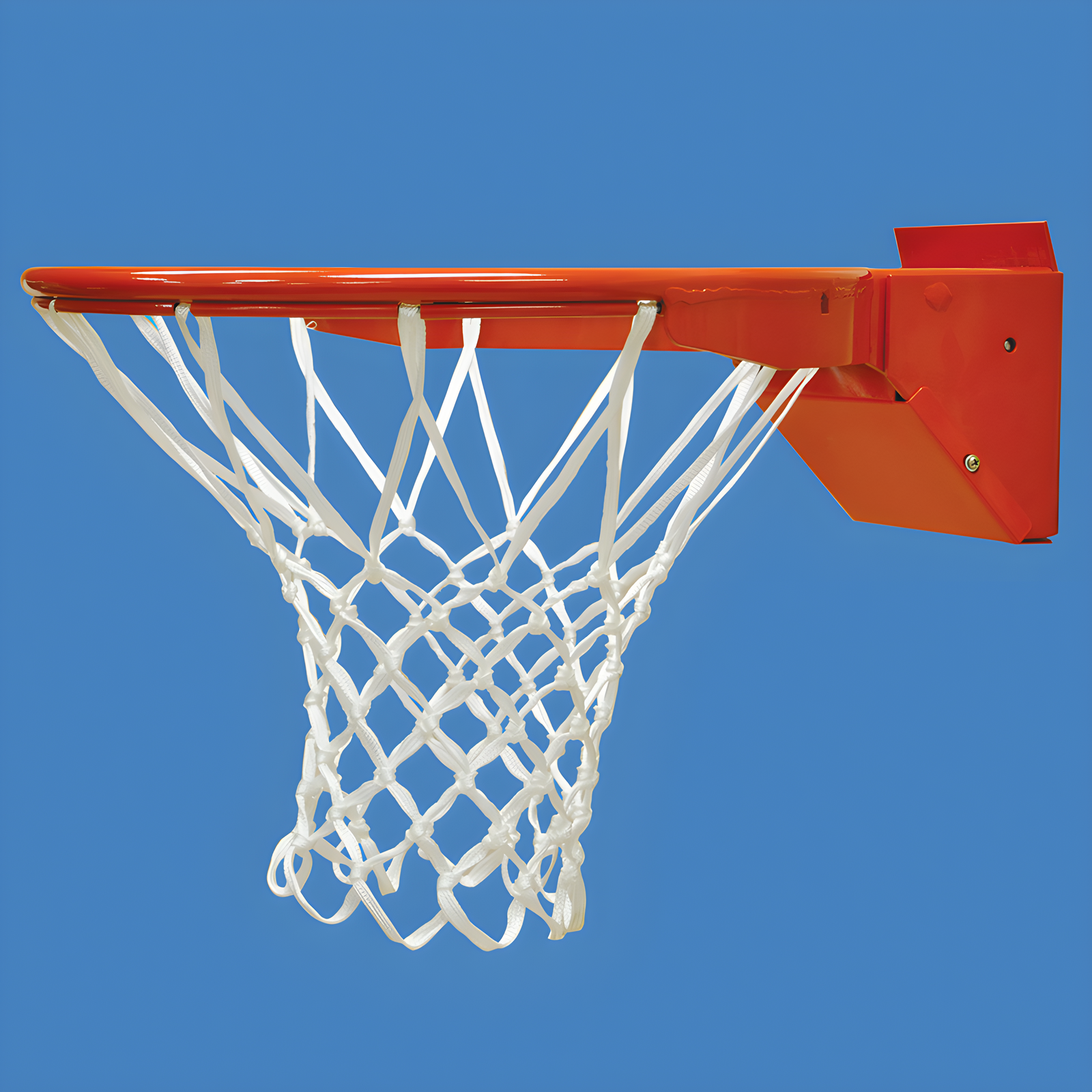 White basketball net hanging against bright blue background, close-up view.