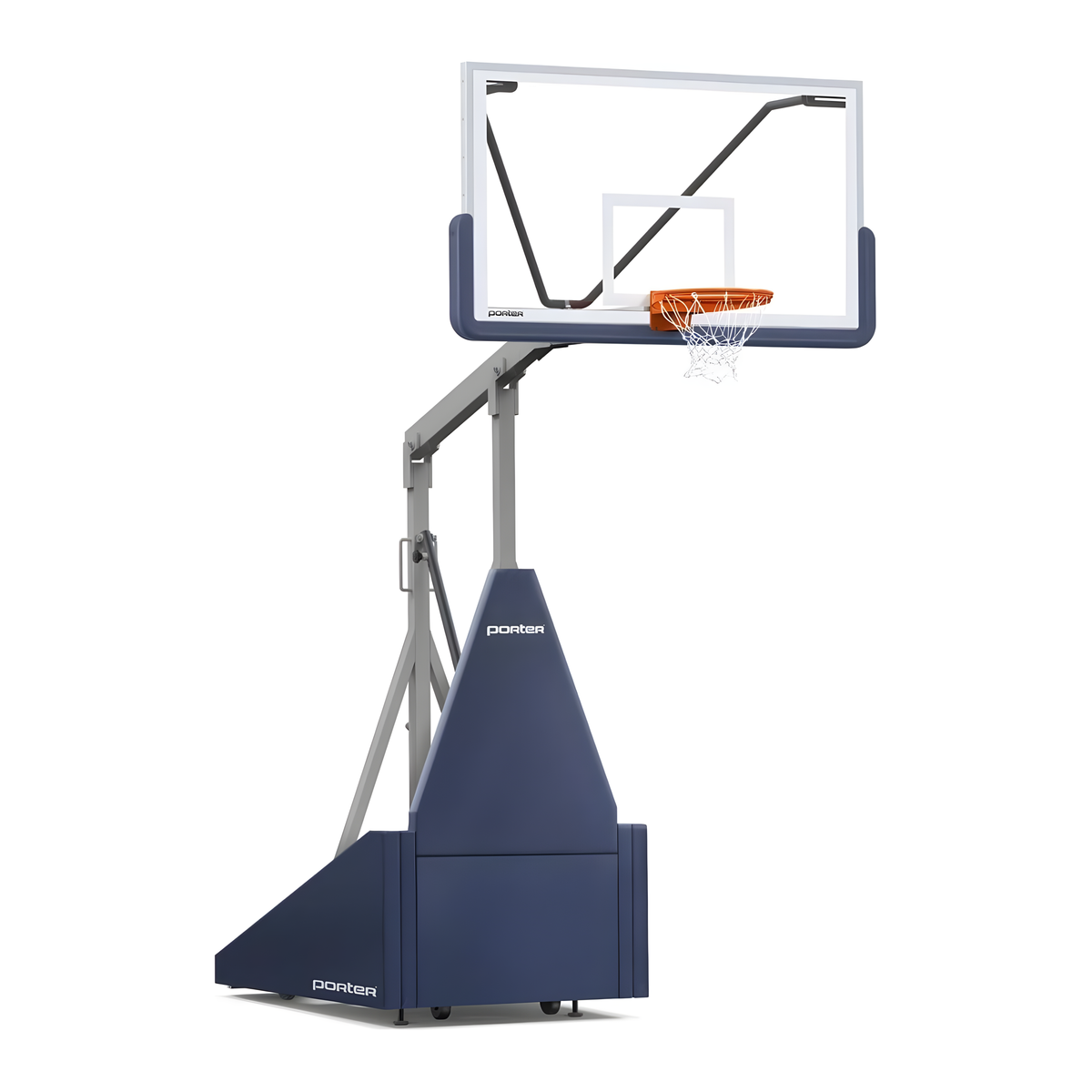 Portable basketball hoop system with padded base and transparent backboard.