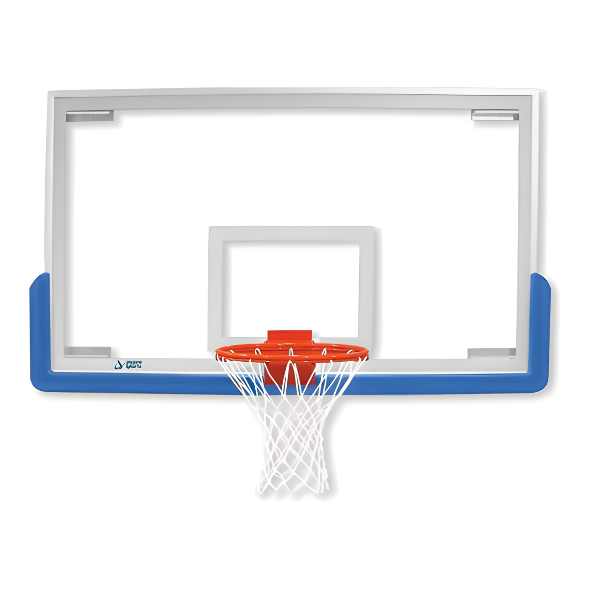 Rectangular basketball backboard with orange rim and white net attached.