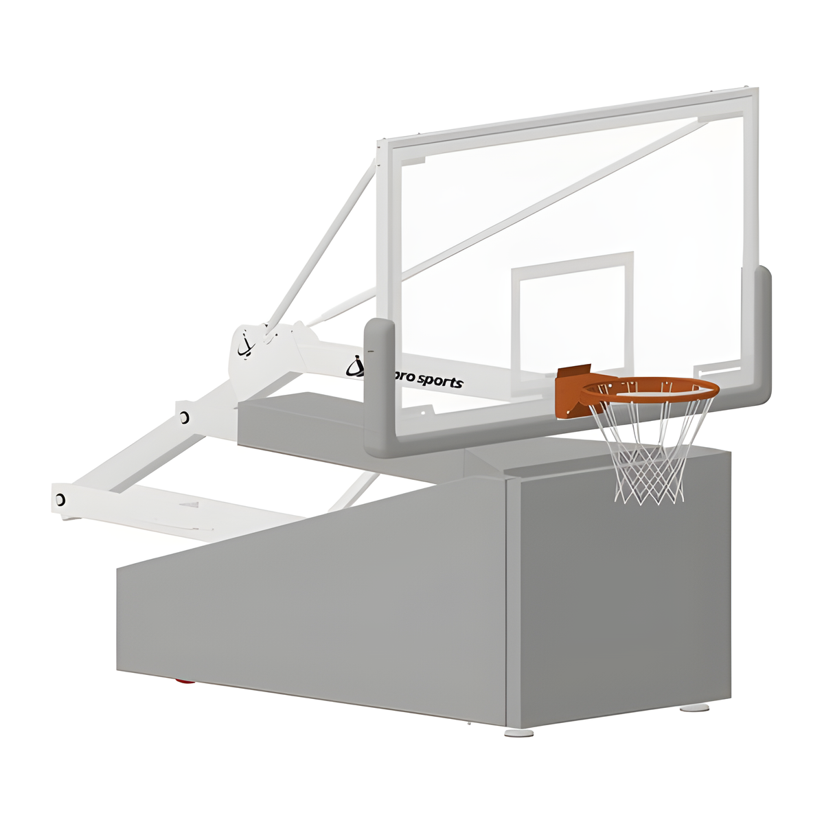 Portable basketball hoop system with transparent backboard and padded base.