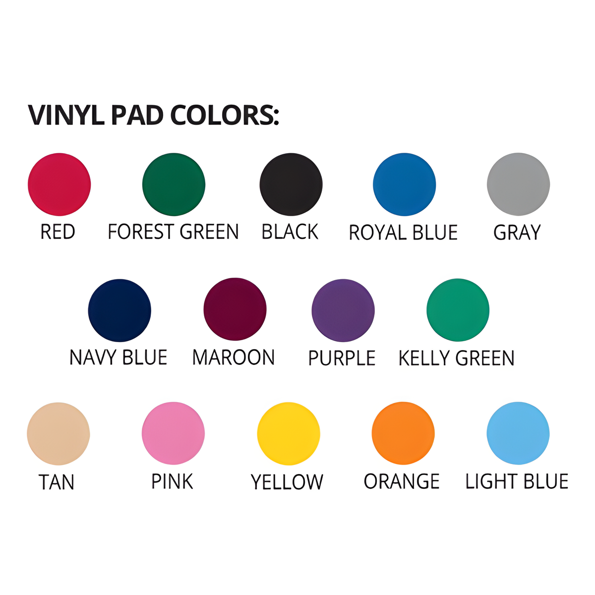 Vinyl pad color chart displaying twelve labeled circular color samples.